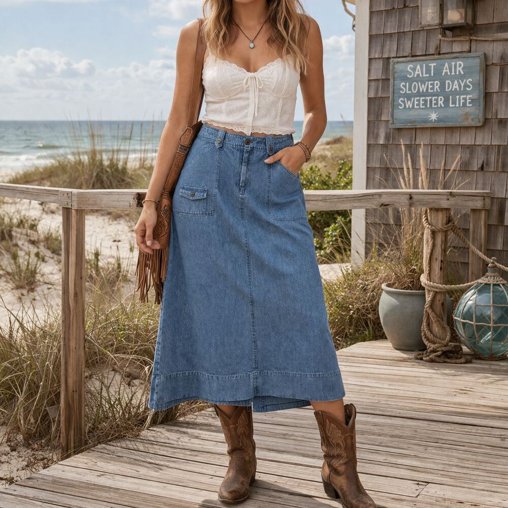 Vintage J Jill Out of the Blue Women’s Denim Midi Skirt Petite 8 Trad Modest